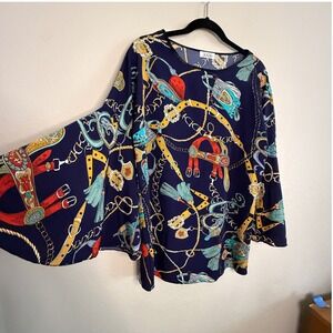 Women XL Navy Equestrian Bit Bridle Rodeo Bell Sleeve Top Western Old Money Prep